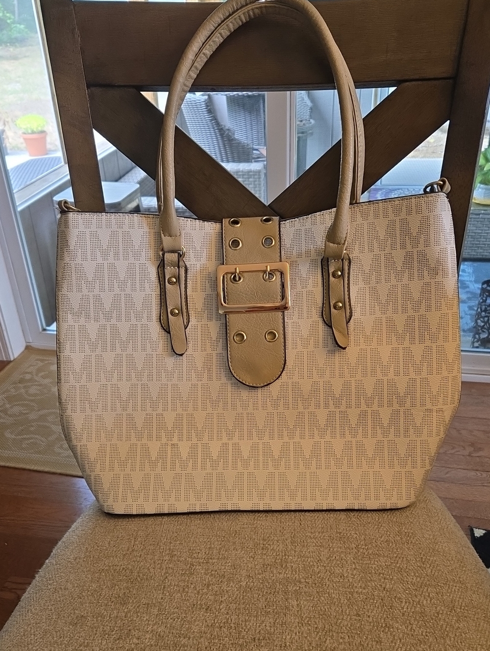 Women's Cream Tote Bag with Gold Buckle